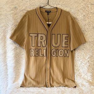 NWT TRUE RELIGION Camel Striped Button-Up Baseball Jersey Sz M NWT